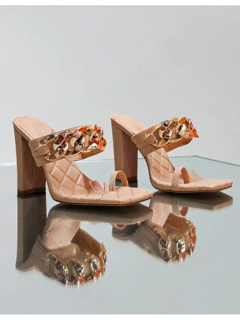 Quilted Nude Heeled Sandals With Gold Chain Detail & Square Toe Design - Picture 6 of 10
